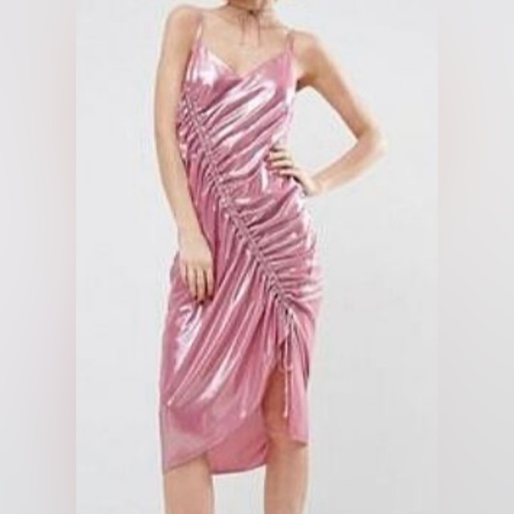 ASOS Ruched Slip Dress In Metallic Fabric